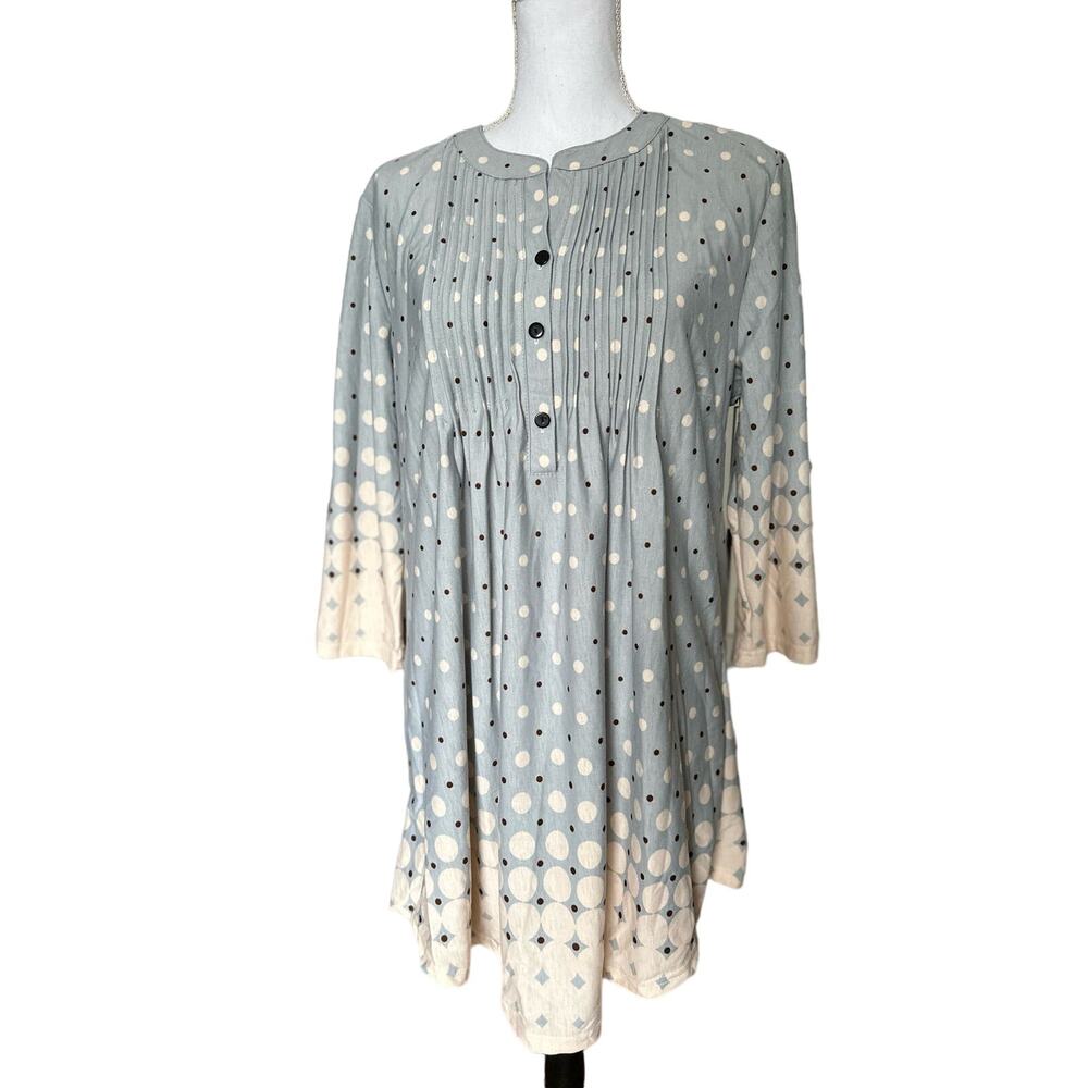 Reborn Womens XL Gray Pink Polka Dot Pin Tuck Henley Tunic Top FSP16102003